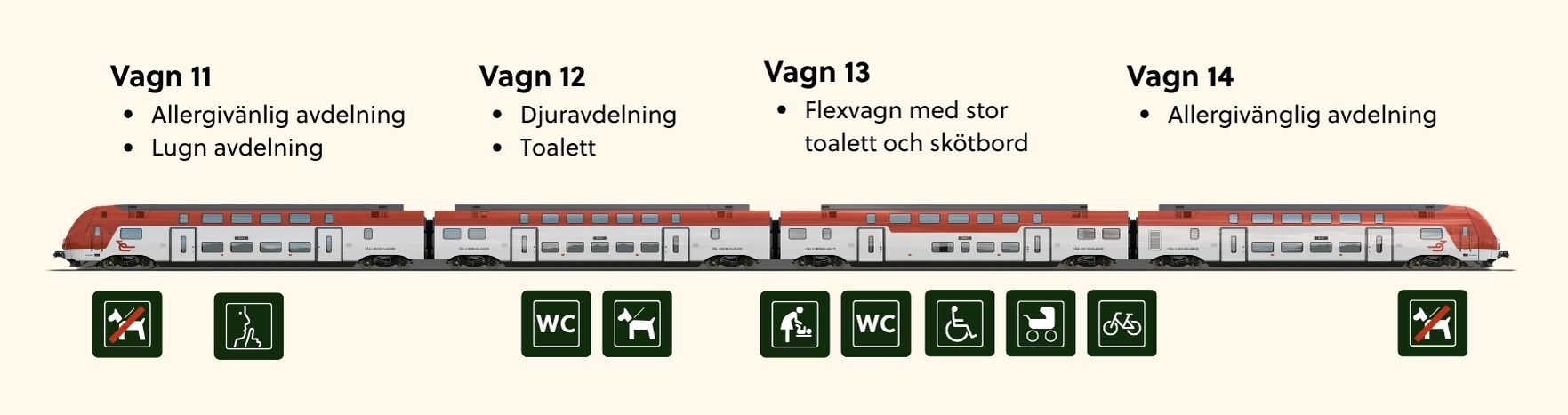 En skiss som berättar vart alla avdelningar är. Vagn 11, allergivänlig och lugn avddelning. Vagn 12, djuravdelningen och toalett. Vagn 13, flexvagn med stor toalett och skötbord. Vagn 14 allergivänlig avdelning.